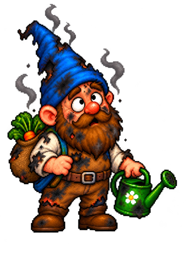 A soot-covered cartoon gardener after an explosion.