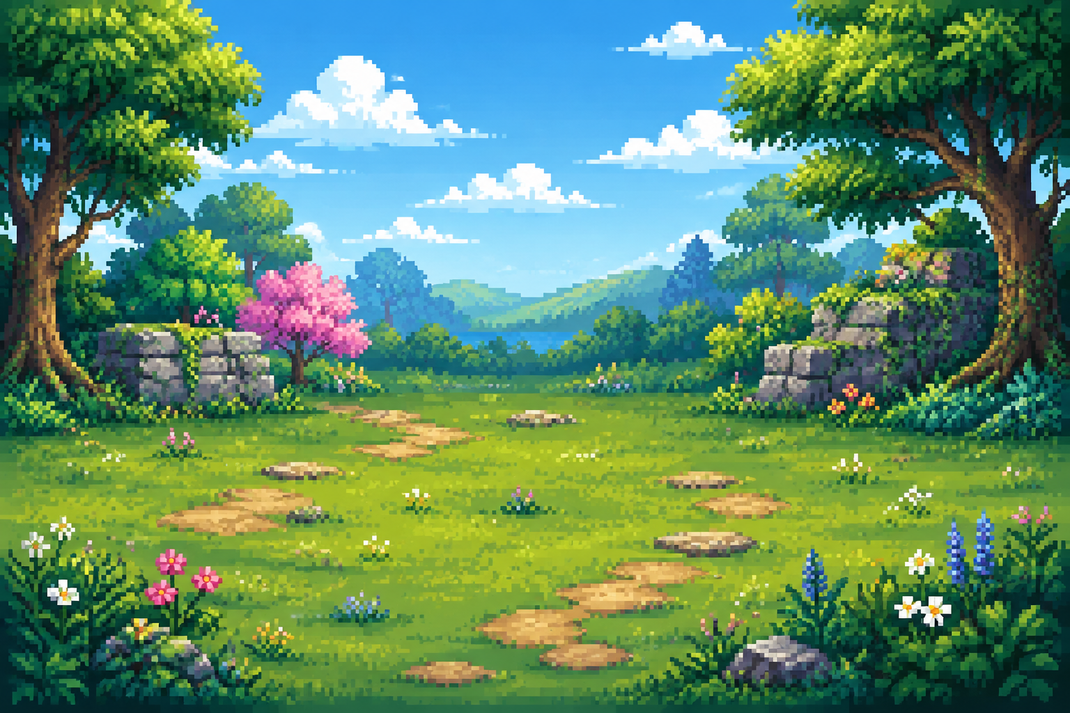 A colorful daytime garden game scene.
