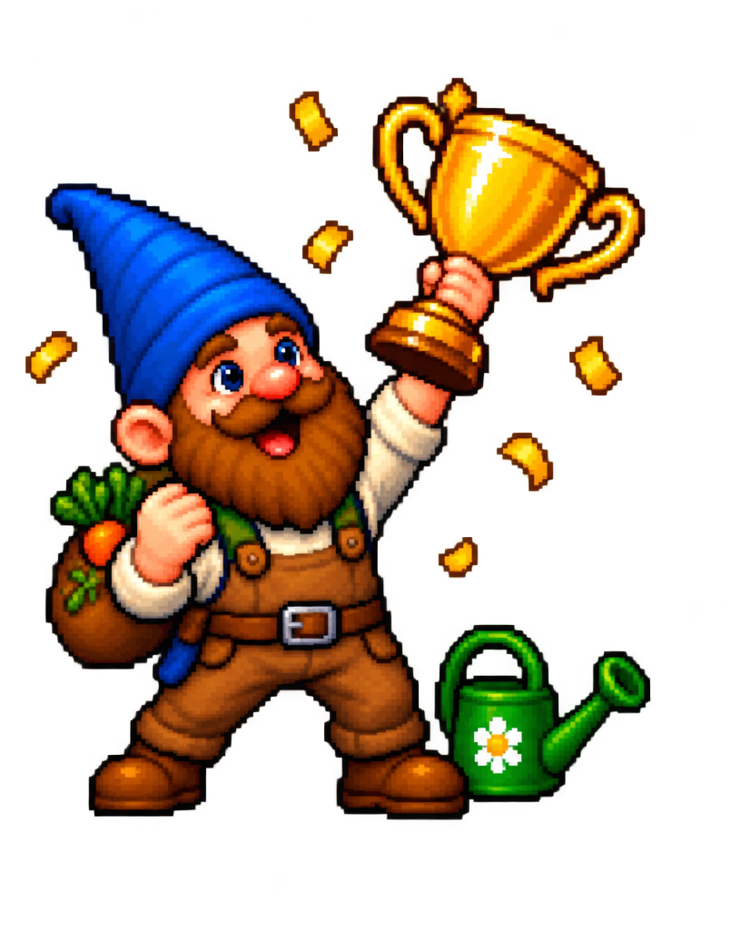A smiling cartoon gardener raising a trophy.
