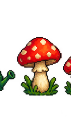 A cartoon mushroom with a red cap and pale stem.