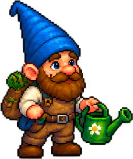 A cartoon gardener in a red hat, holding a garden tool.