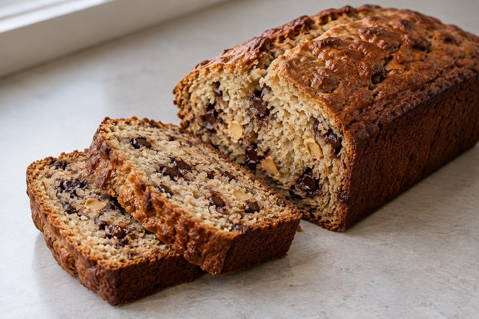 A sliced banana loaf with visible dark chocolate and a few tan peanut-butter chips.