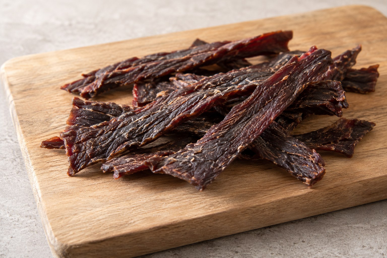 Narrow dark beef jerky strips with visible meat fibers on a plain board.