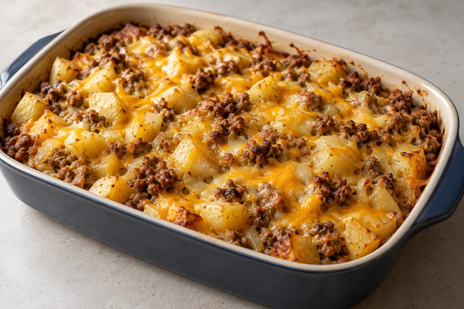 A shallow baking dish with potato chunks, crumbled sausage and melted cheese.
