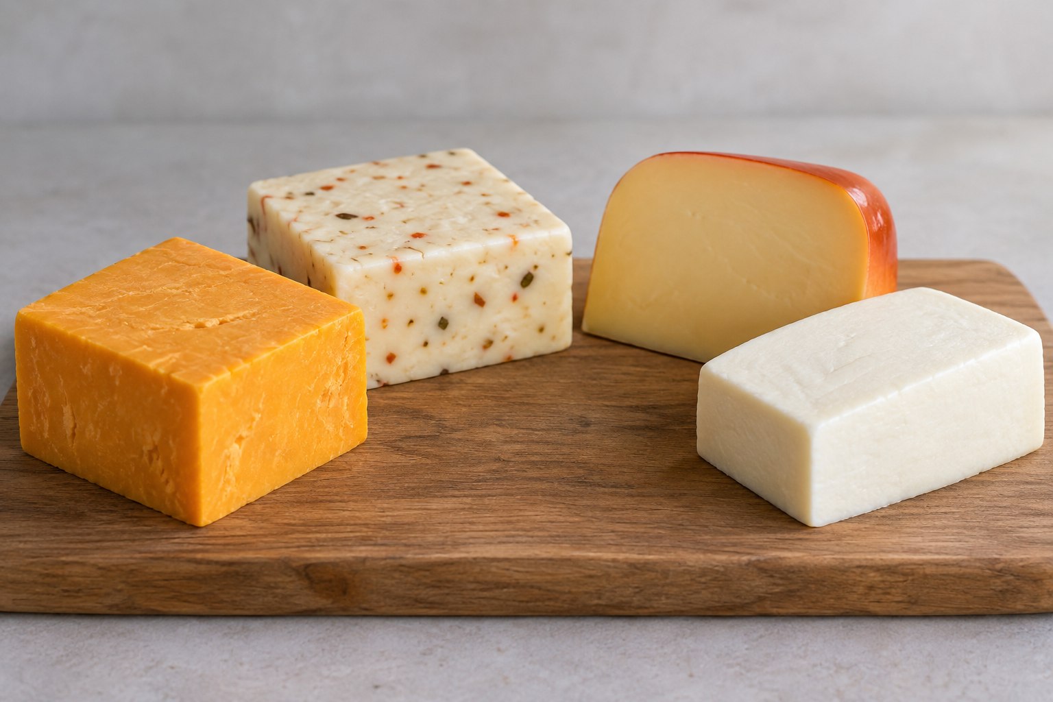 Cheddar, pepper jack, gouda and low-moisture mozzarella blocks on a plain board.