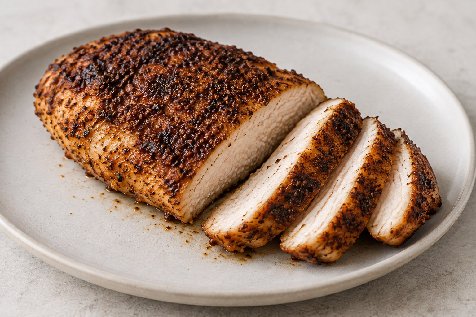 Blackened-seasoned boneless chicken breast with several slices.