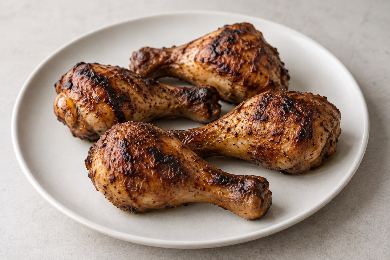 Four grilled drumsticks on a plain plate.