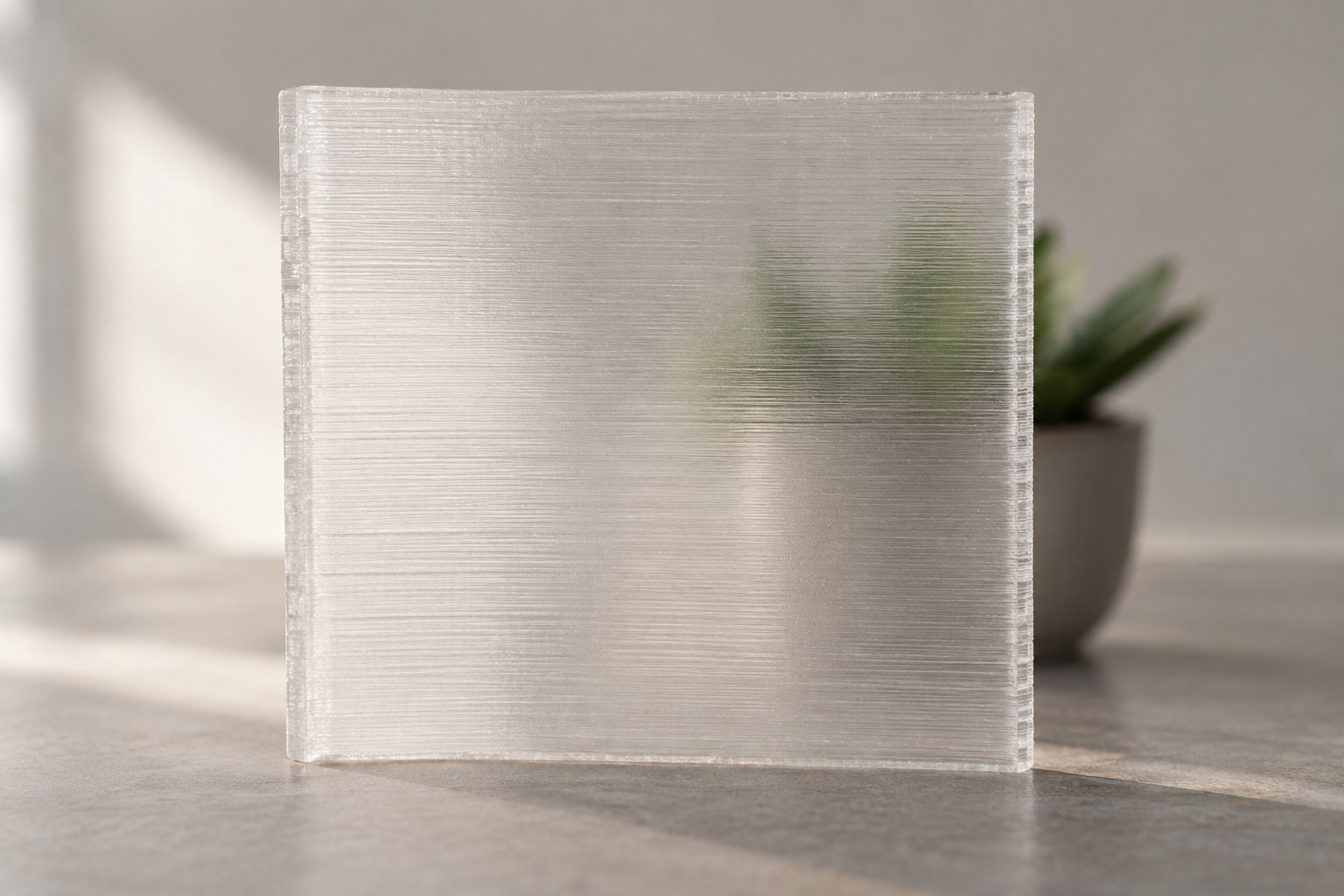 Light passing through a translucent printed PETG sample with visible layers.