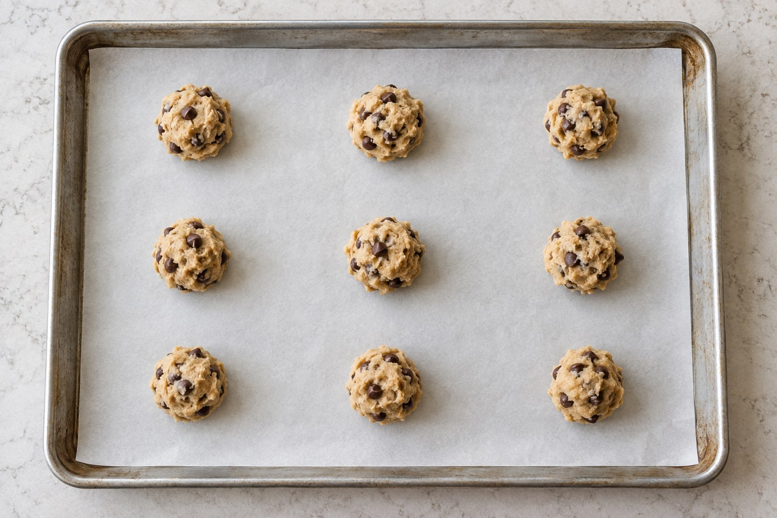 Nine unbaked dough scoops in a three-by-three arrangement with room to spread.