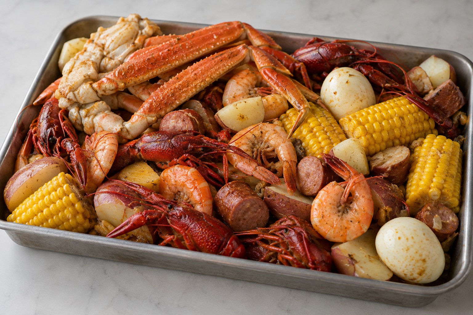 A tray of crab legs, shrimp, crawfish, sausage, potatoes, corn and boiled egg.