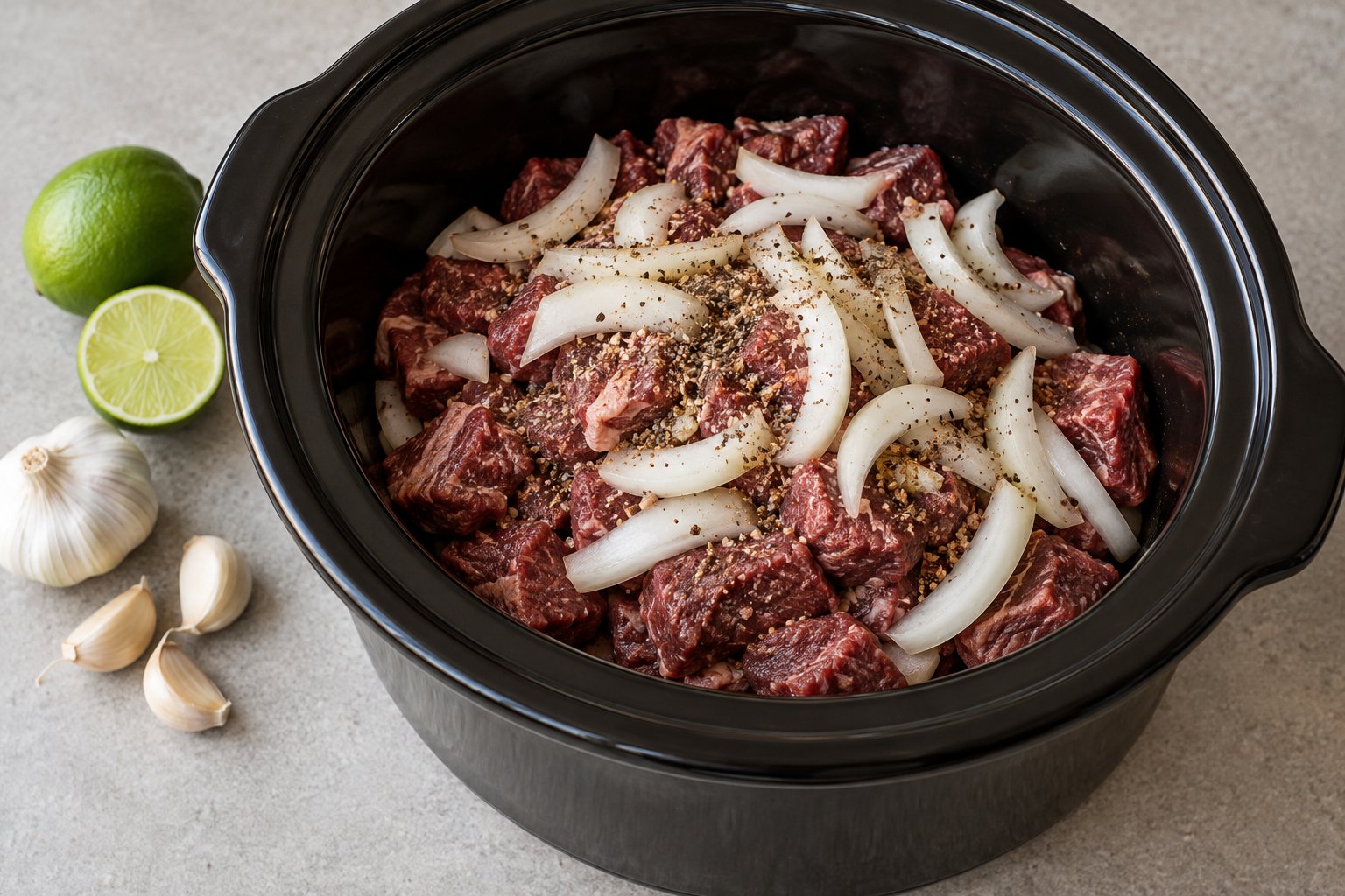 Rough-cut beef, sliced onion and seasoning in a slow-cooker insert, with lime and garlic nearby.