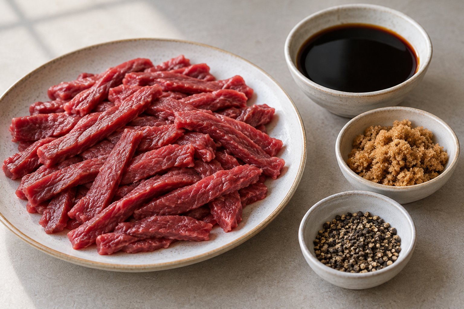 Thin raw lean beef strips beside separate bowls of dark sauce, brown sugar and coarse pepper.