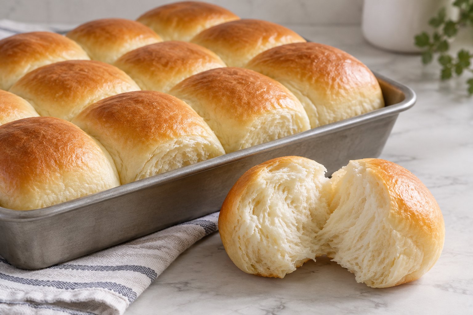 Golden rounded milk rolls in a pan, with one torn open to show a soft white crumb.