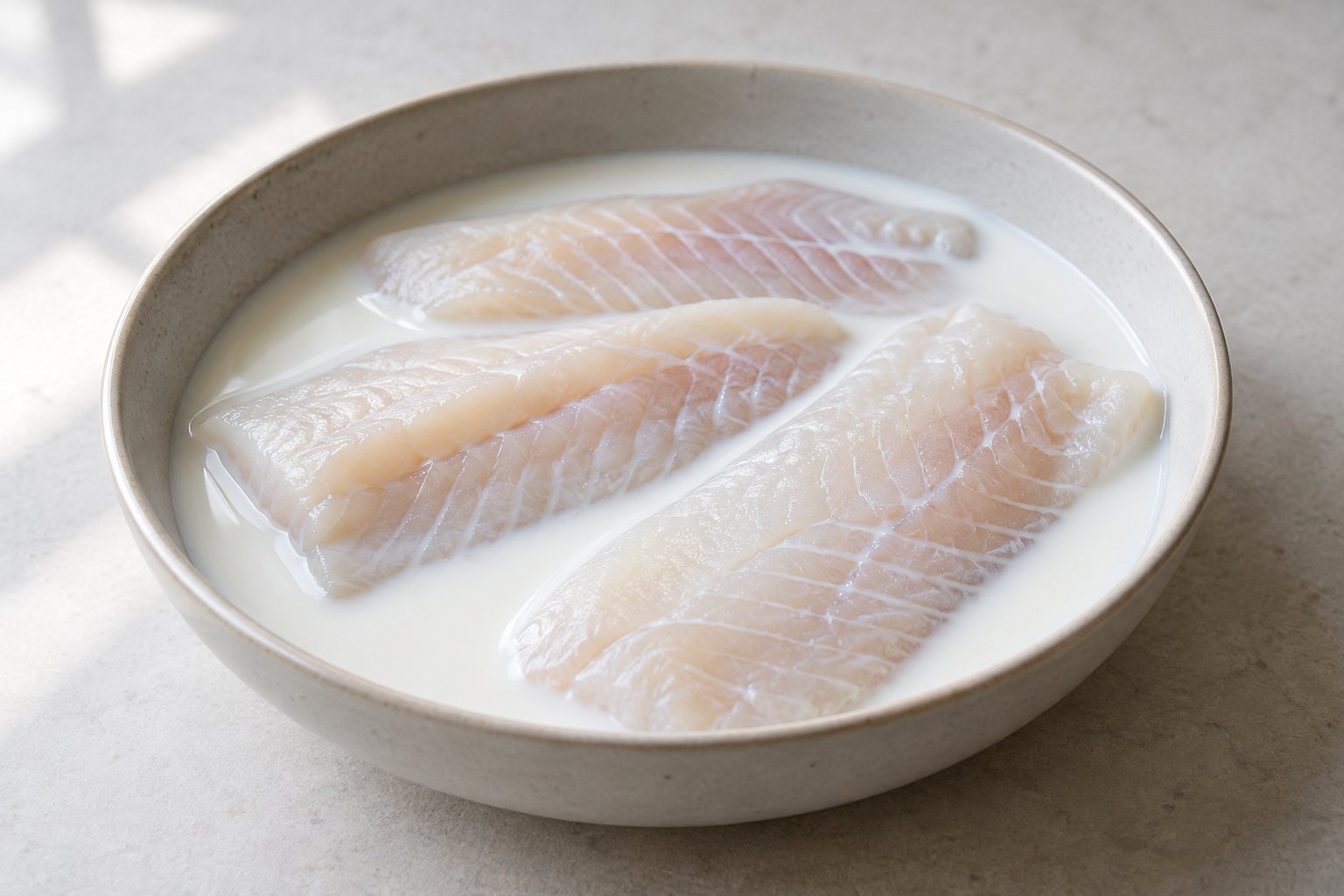 Three pale fish fillets partially submerged in milk in a shallow bowl.