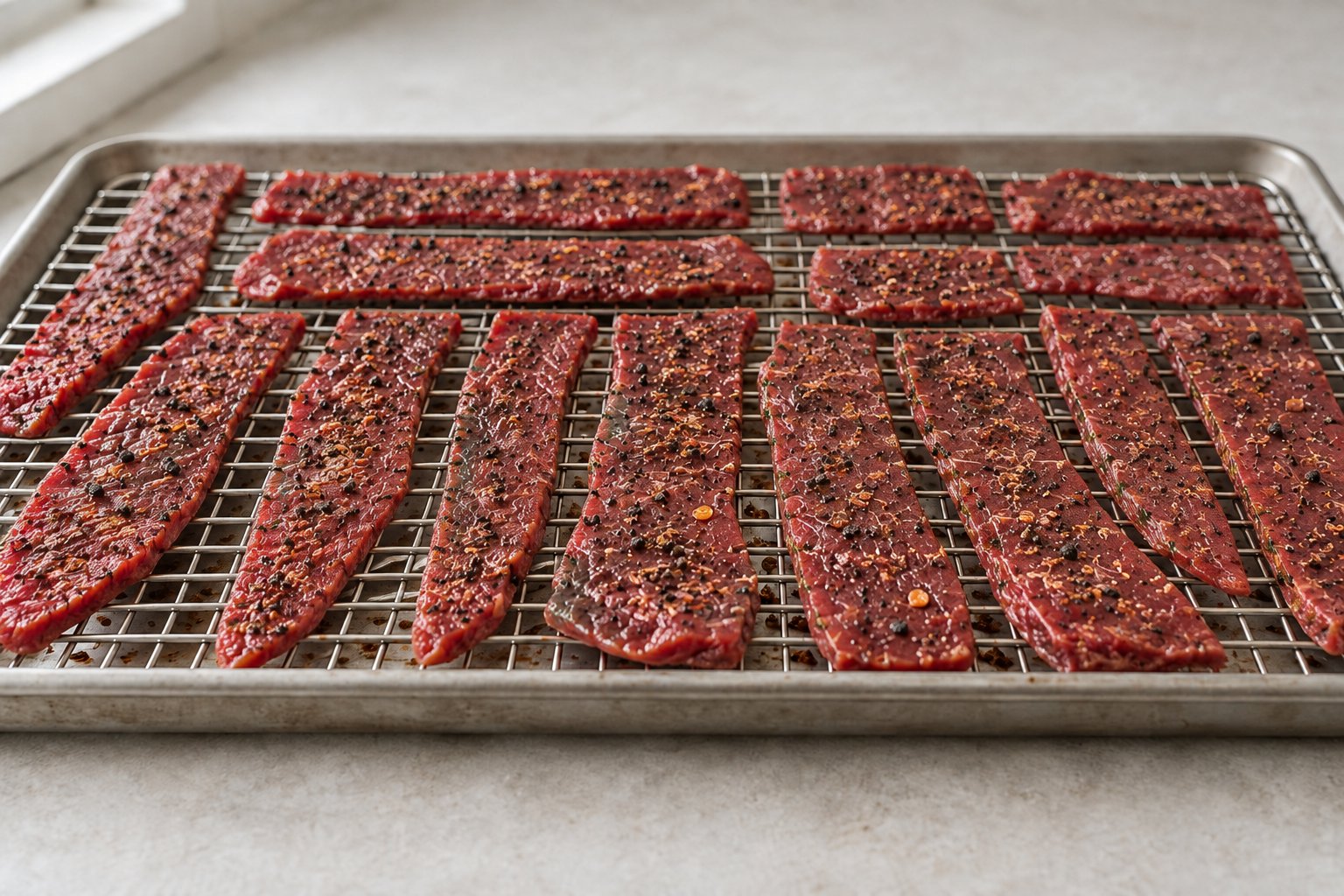 Thin beef strips lying flat in one spaced layer on a rack, seasoned with black and red pepper.