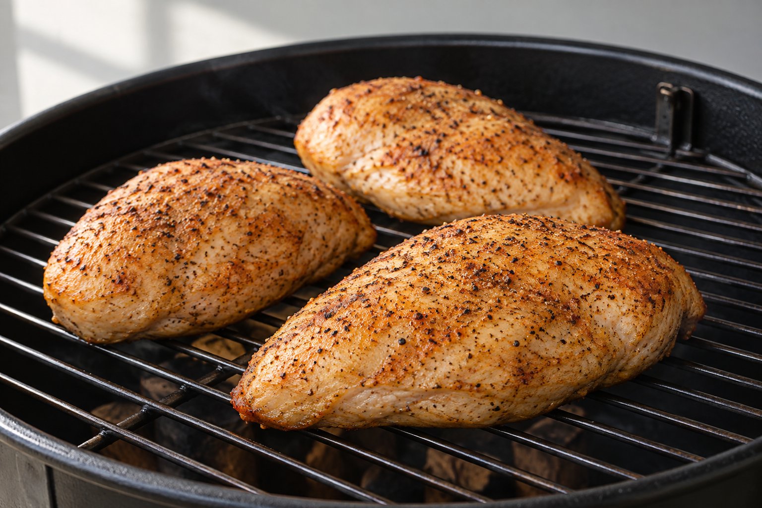 Three lightly golden, simply seasoned chicken breasts on a smoker rack.