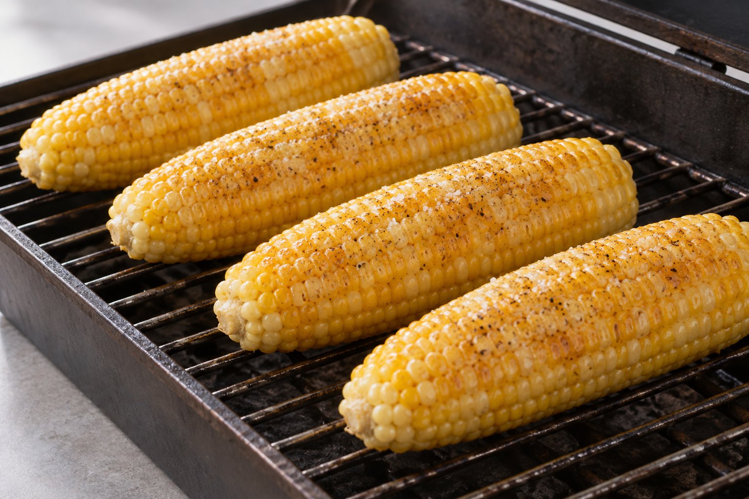Four fully husked corn cobs with butter sheen and salt and pepper on a smoker rack.