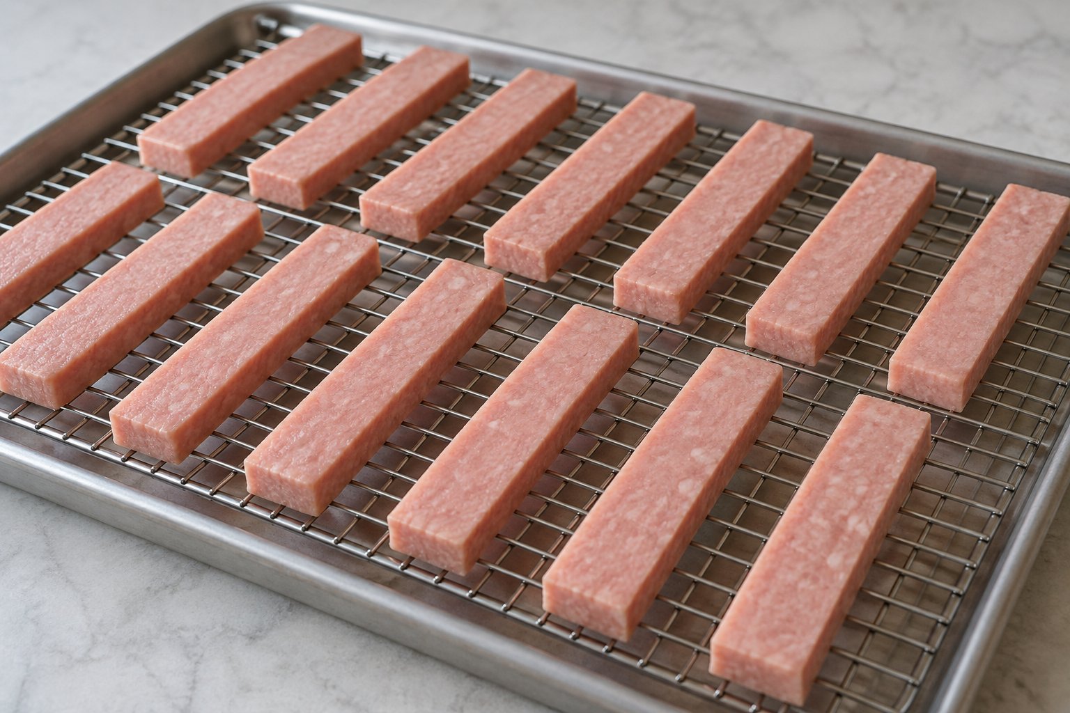 Uniform rectangular pink luncheon-meat strips with smooth fine-ground texture spaced apart on a metal rack.