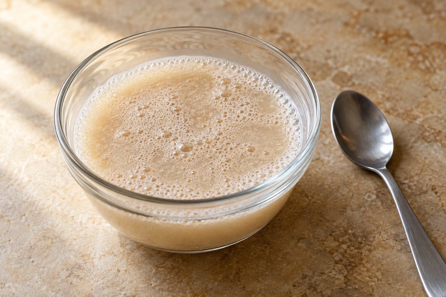 Small bubbles gather on pale beige yeast mixture in a clear bowl, with a teaspoon beside it.