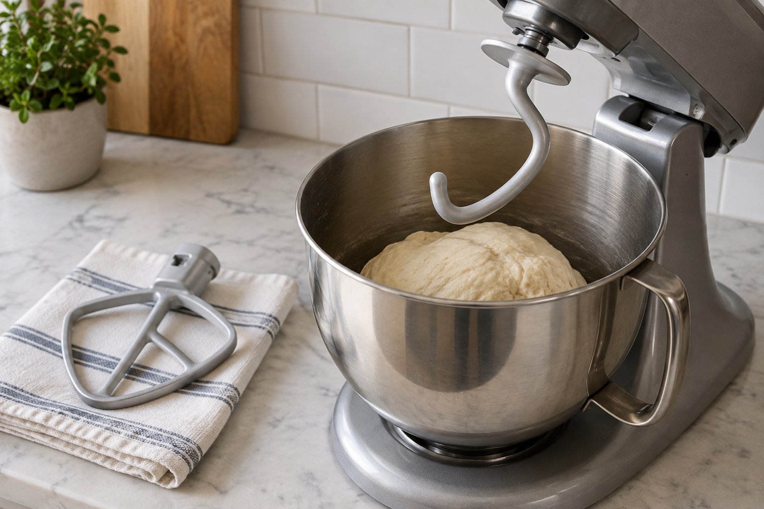 A raised stand-mixer head holds a dough hook above bread dough, while the removed paddle rests beside the bowl.