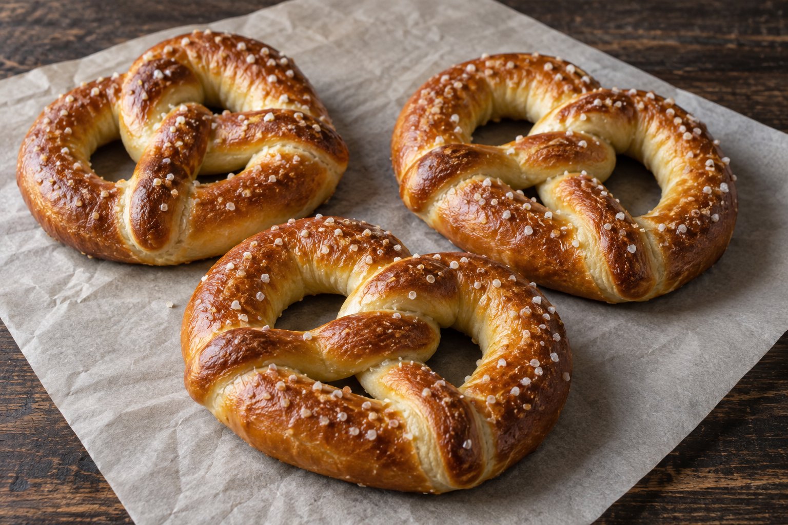 Three golden full-size pretzel twists with butter sheen and coarse salt on parchment.