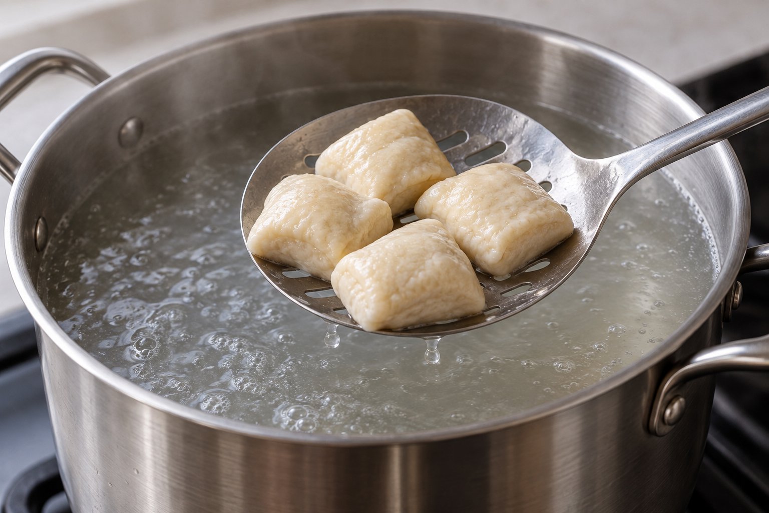 Four pale pretzel dough bites drain in a slotted spoon above a roomy pot of gently simmering water.