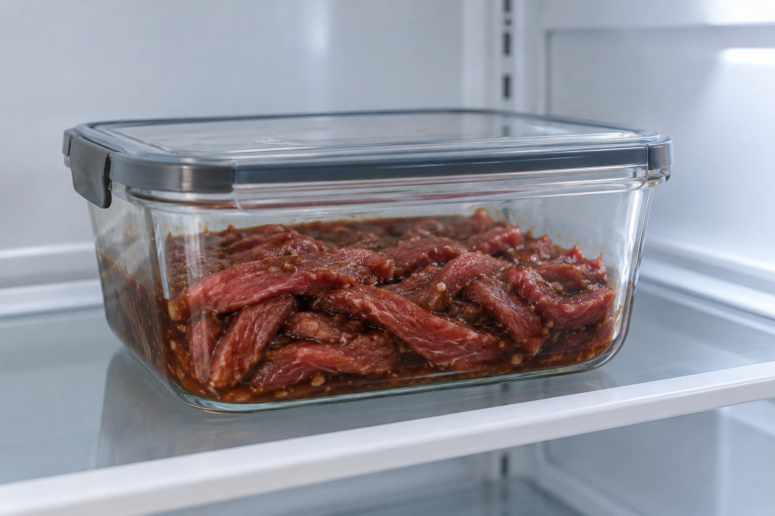 Thin beef strips coated in dark marinade sit in a lidded glass container on a refrigerator shelf.