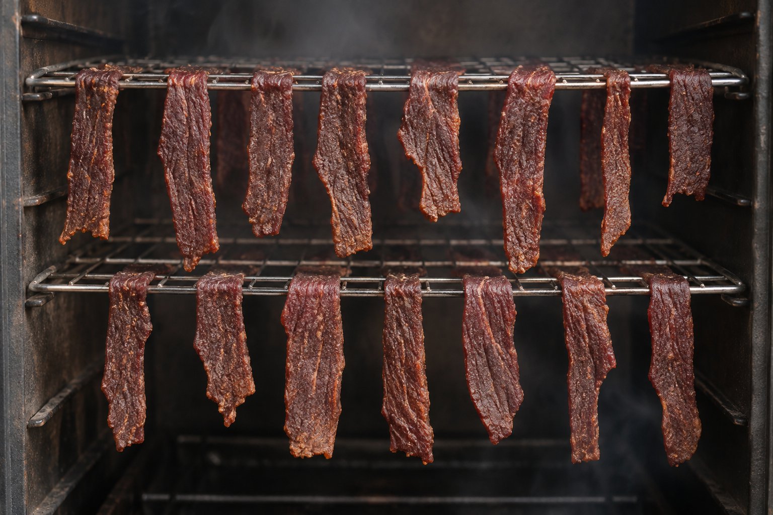 Thin reddish-brown beef strips are spaced across two metal racks inside a smoker.
