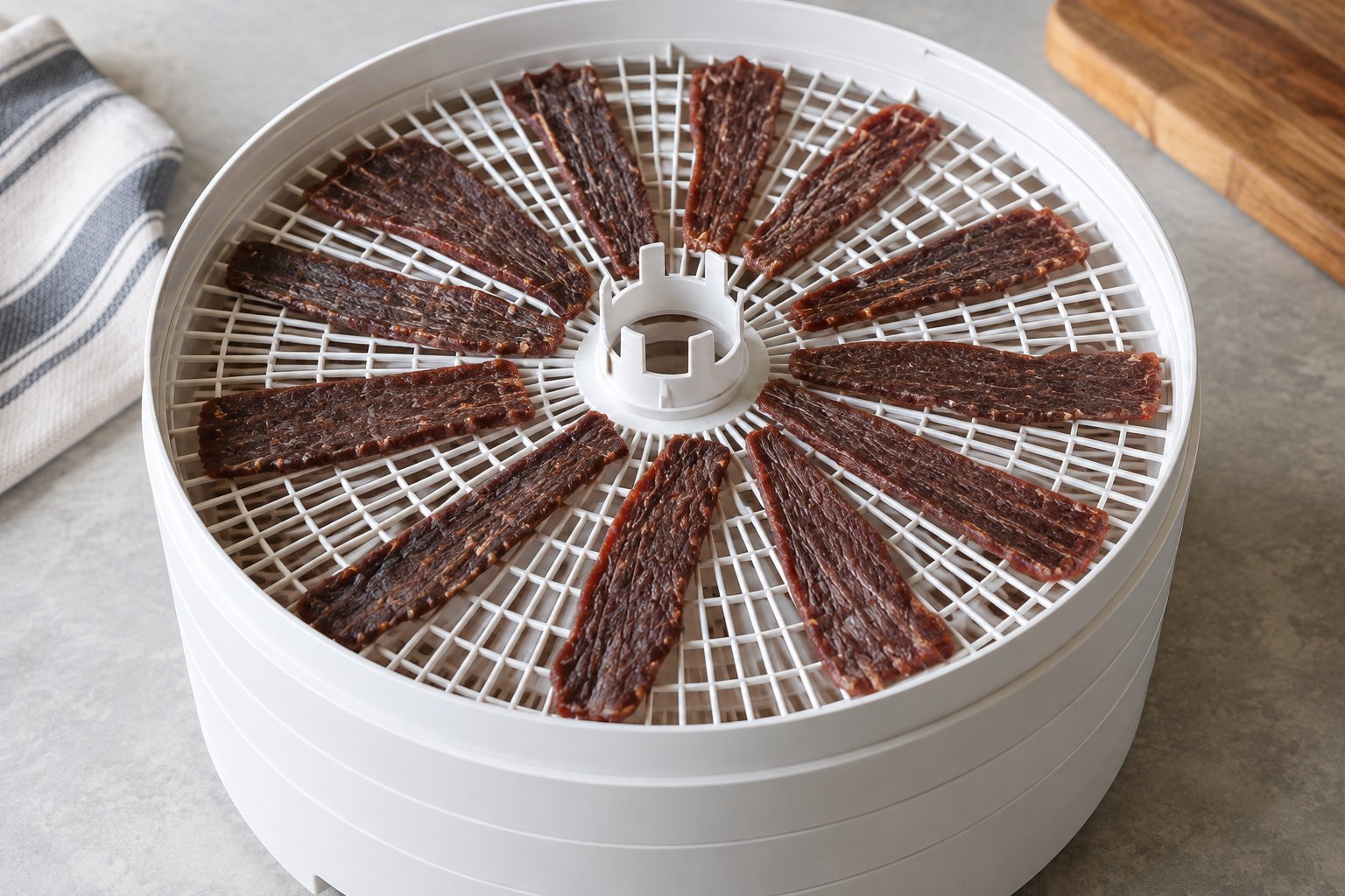 Thin beef strips lie flat with air gaps on a round white dehydrator tray.