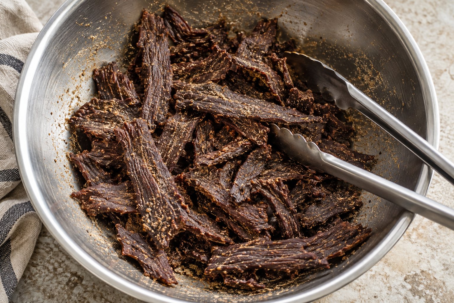 Dry fibrous beef-jerky strips with a fine seasoning coating in a steel mixing bowl with tongs.