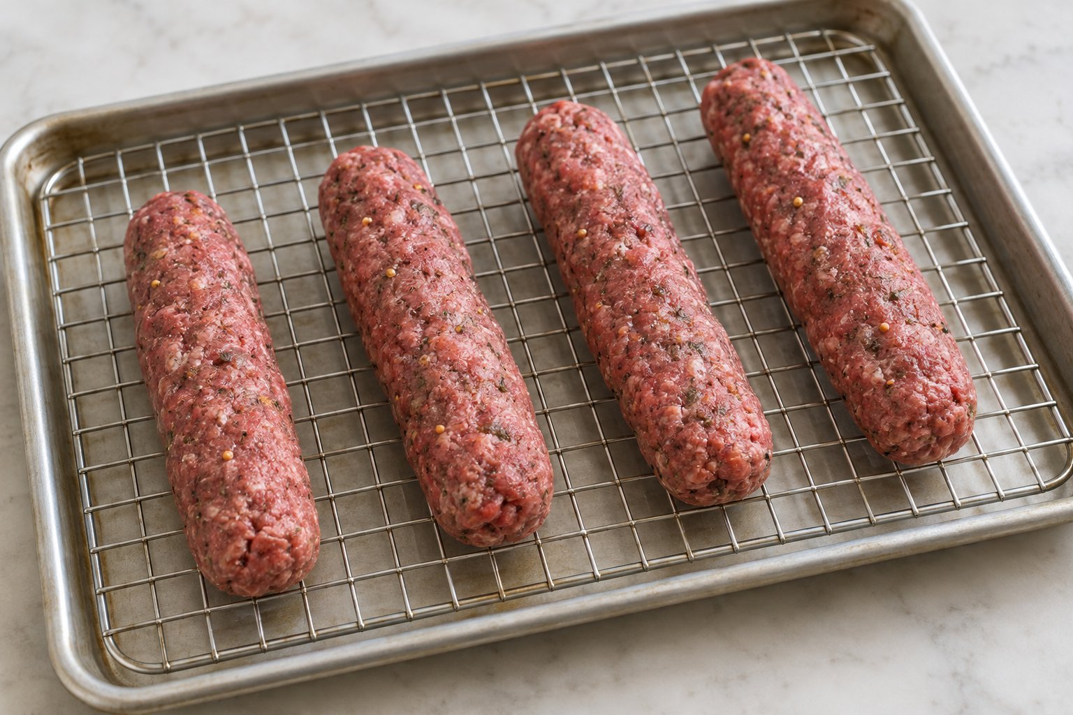 Four uncured ground-beef logs with mustard seeds sit separately on a rack over a rimmed pan.