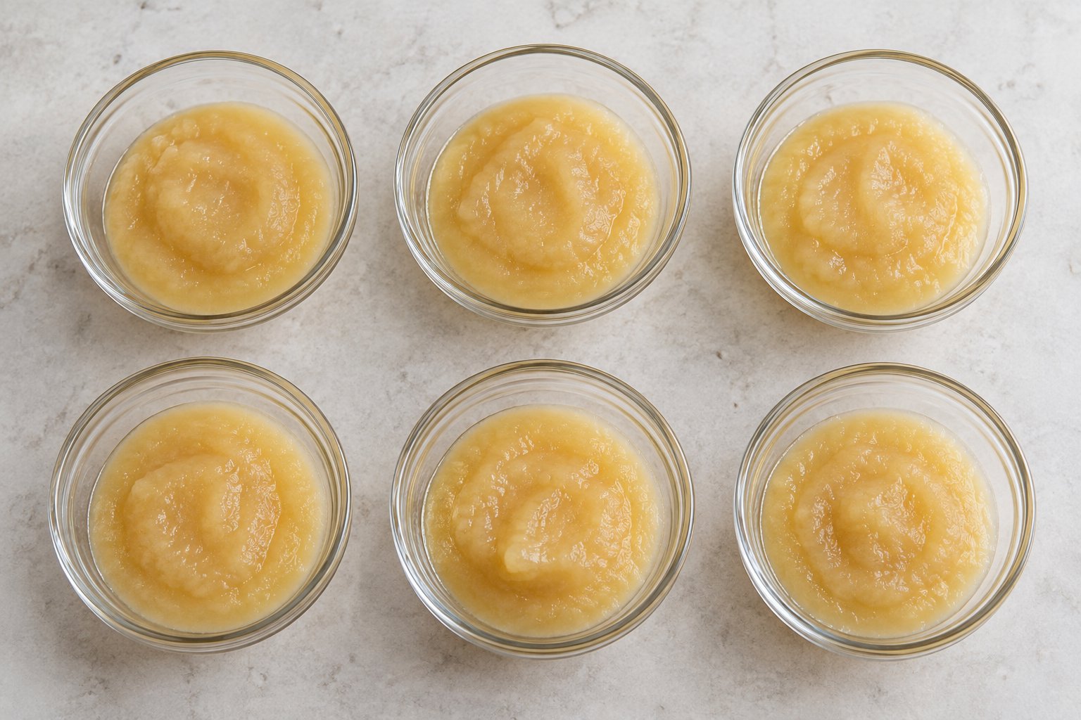 Six clear bowls of smooth pale golden applesauce arranged on a kitchen counter.