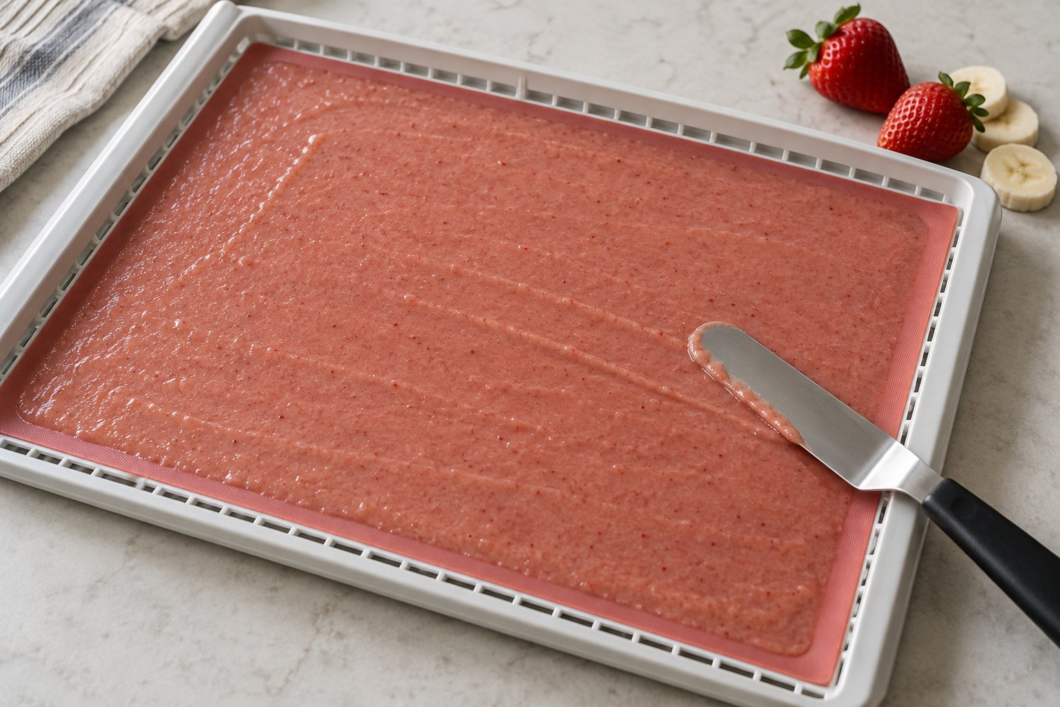 A thin pink layer of strawberry-banana purée on a lined tray, with a spreading spatula and a few fruit pieces nearby.