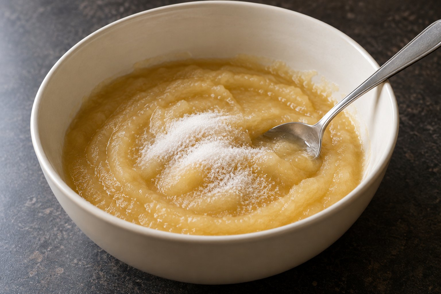 A spoon rests in a bowl of smooth applesauce with a small sprinkling of granulated sugar.