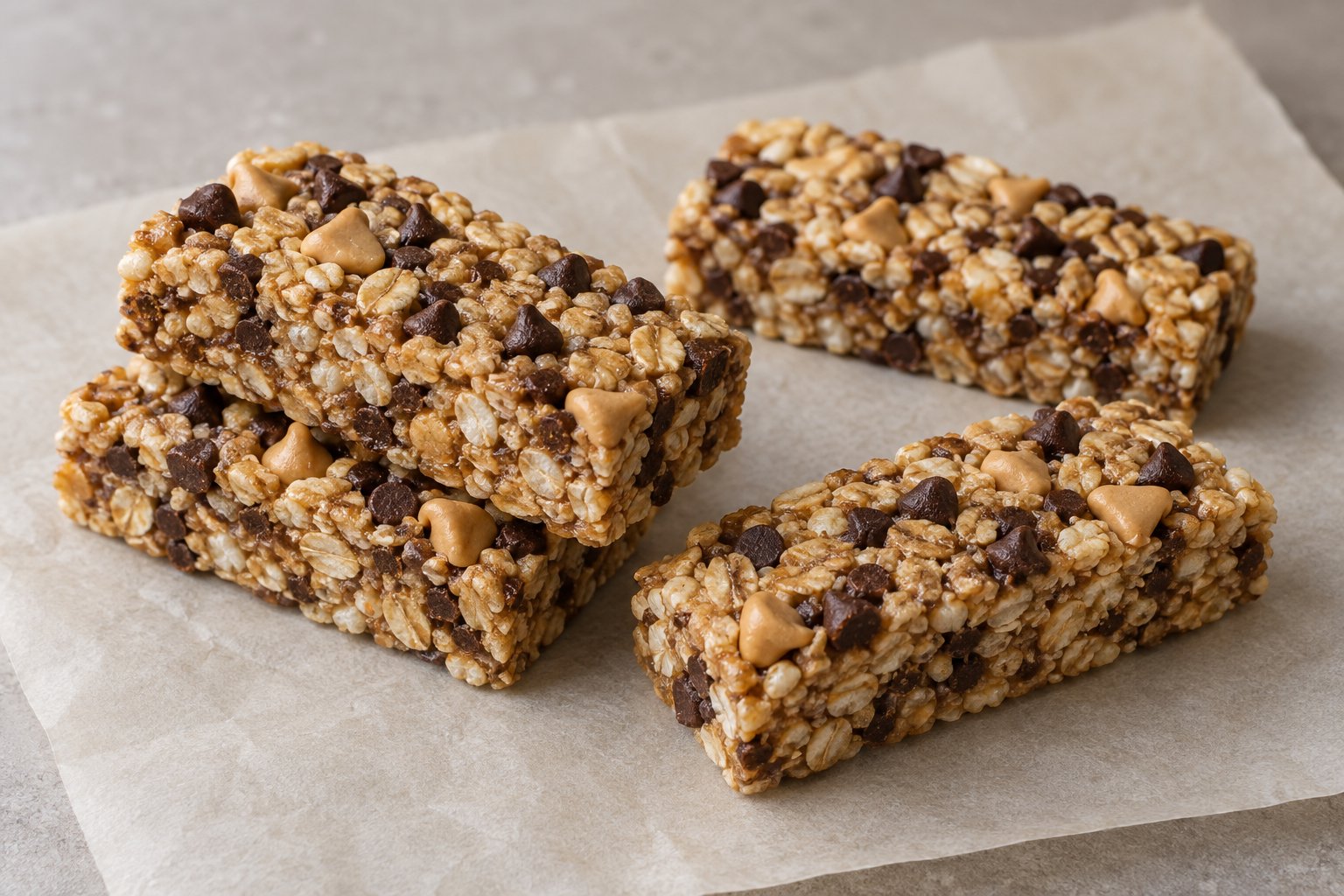 Four rectangular pressed granola bars show oats, light and chocolate rice cereals, dark chocolate chips, and tan peanut-butter chips.