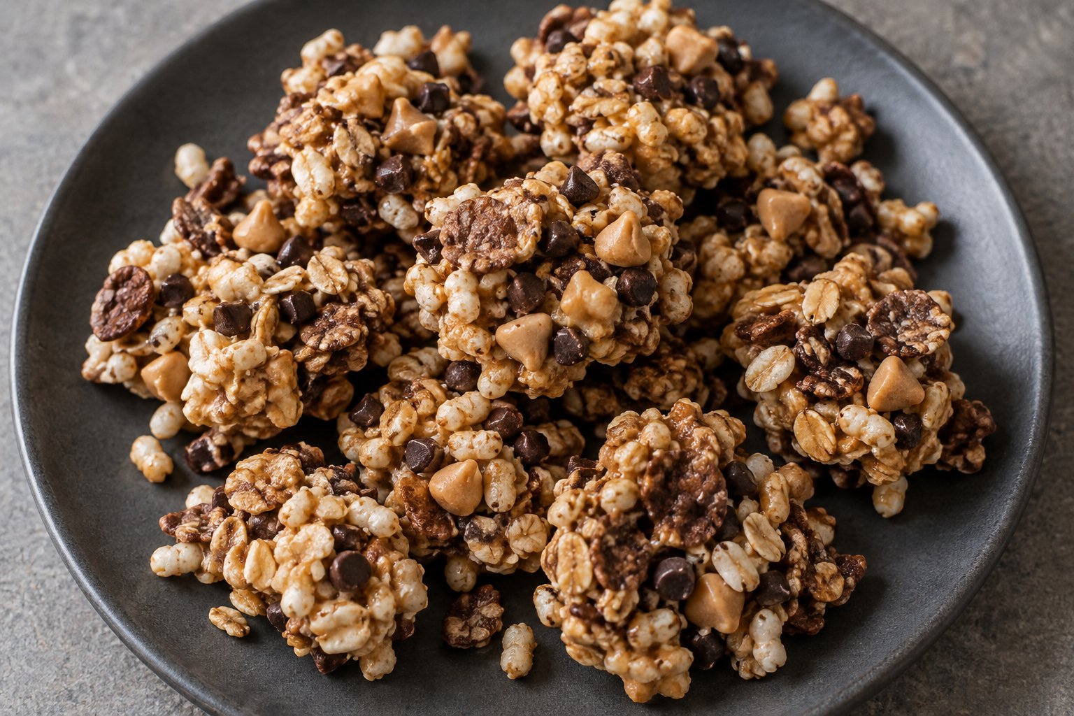 Rough-edged granola clusters with oats, mixed rice cereals, and dark and tan chips on a charcoal plate.