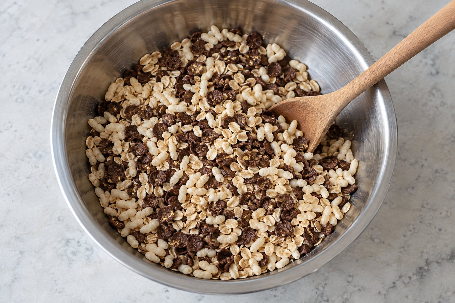 Rolled oats, light puffed-rice cereal, and dark chocolate rice-cereal flakes in a mixing bowl with a wooden spoon.