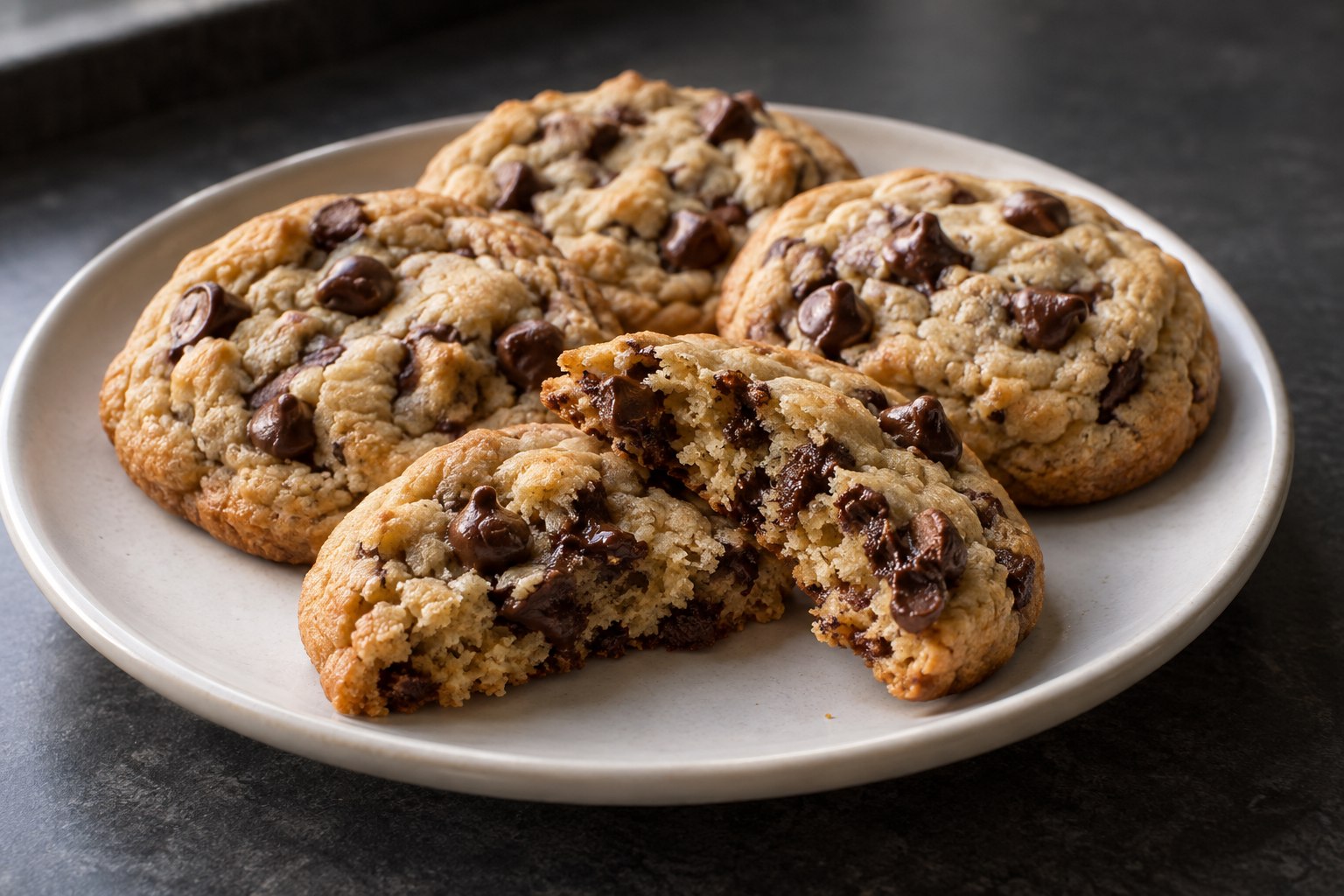 Golden chocolate-chip cookies on a plate, one broken to show a soft center.