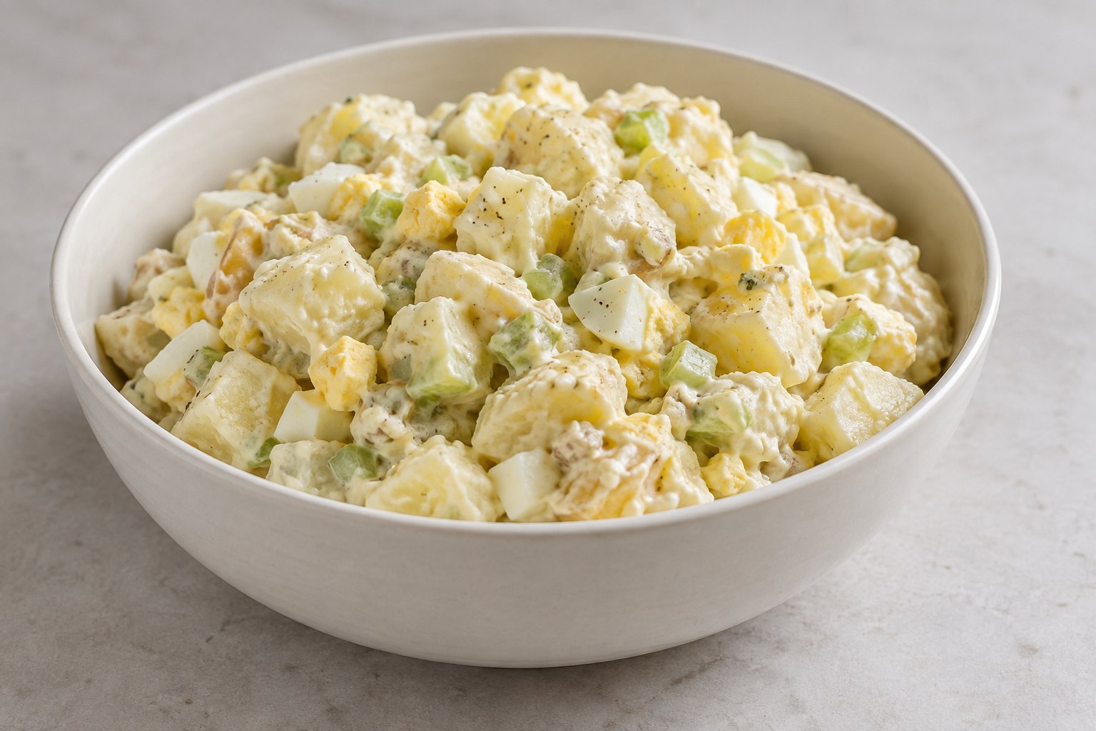 A bowl of creamy chunky potato salad with celery and egg.