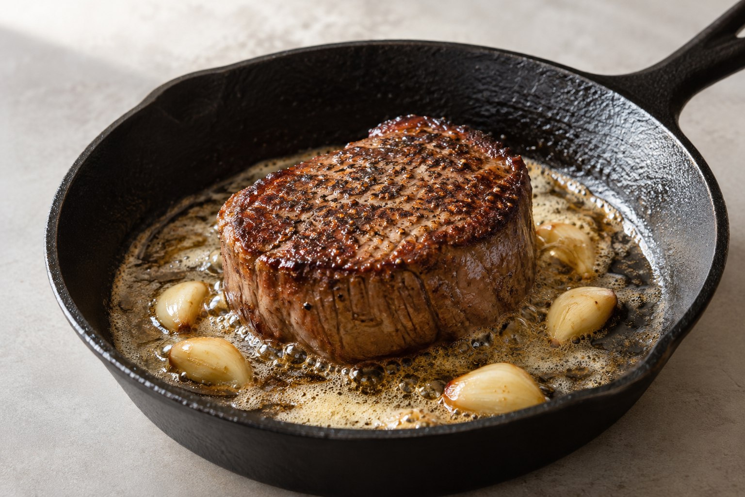 Seared filet mignon in a skillet with butter and garlic.