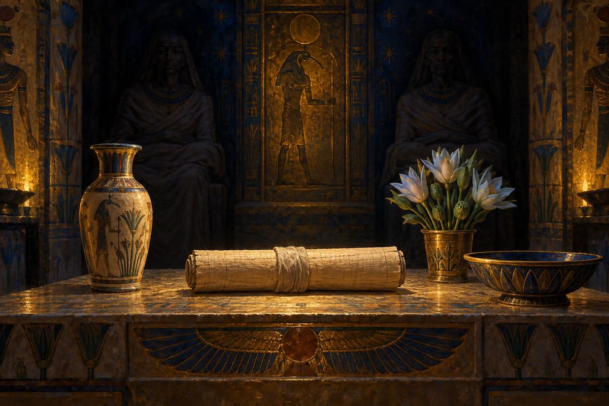 A closed papyrus roll lies among tomb offerings while two figures sit in the shadows.
