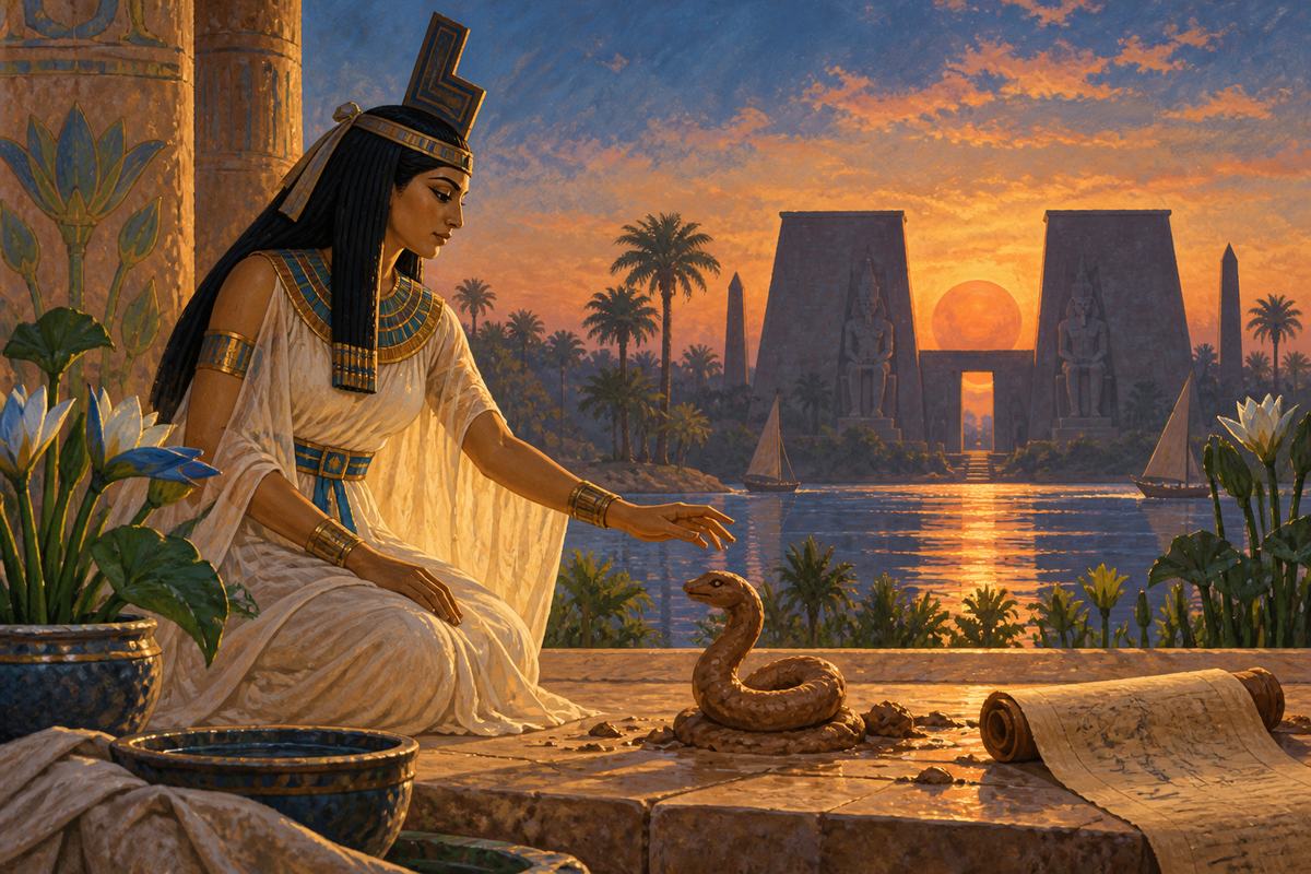 A clay serpent lies beside a papyrus as Isis’s profile rises against the setting sun.