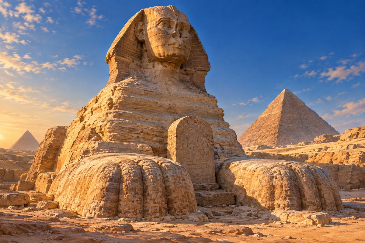 The Dream Stele stands between the Sphinx’s paws in low desert light.