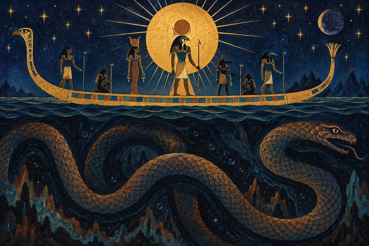 A solar boat crosses the dark waters above the coils of Apep.