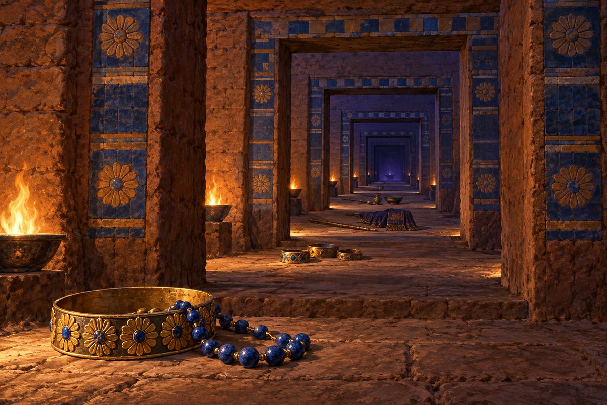 Royal ornaments lie at successive thresholds as mudbrick gates recede into darkness.