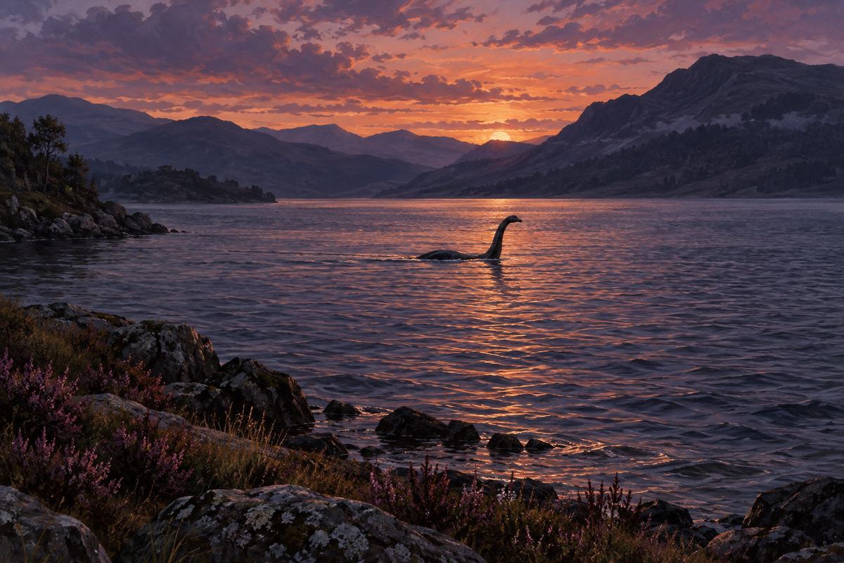 A long-necked silhouette disturbs the dusk-lit water of a Scottish loch in this imagined scene.