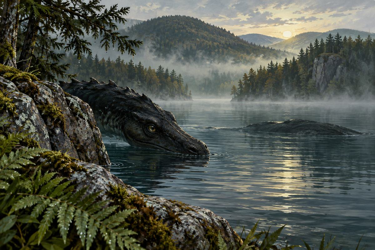 A dragon-like head emerges beside a rocky shore in an illustration inspired by Memphre accounts.