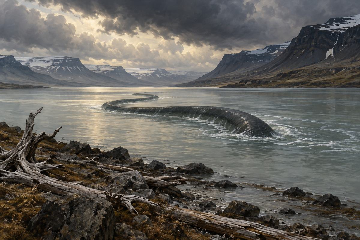 An immense worm-shaped wake crosses pale Icelandic water in this Lagarfljót illustration.