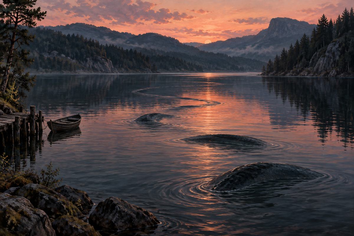 Low coils disturb a Norwegian lake at dusk in an imagined view of Selma.