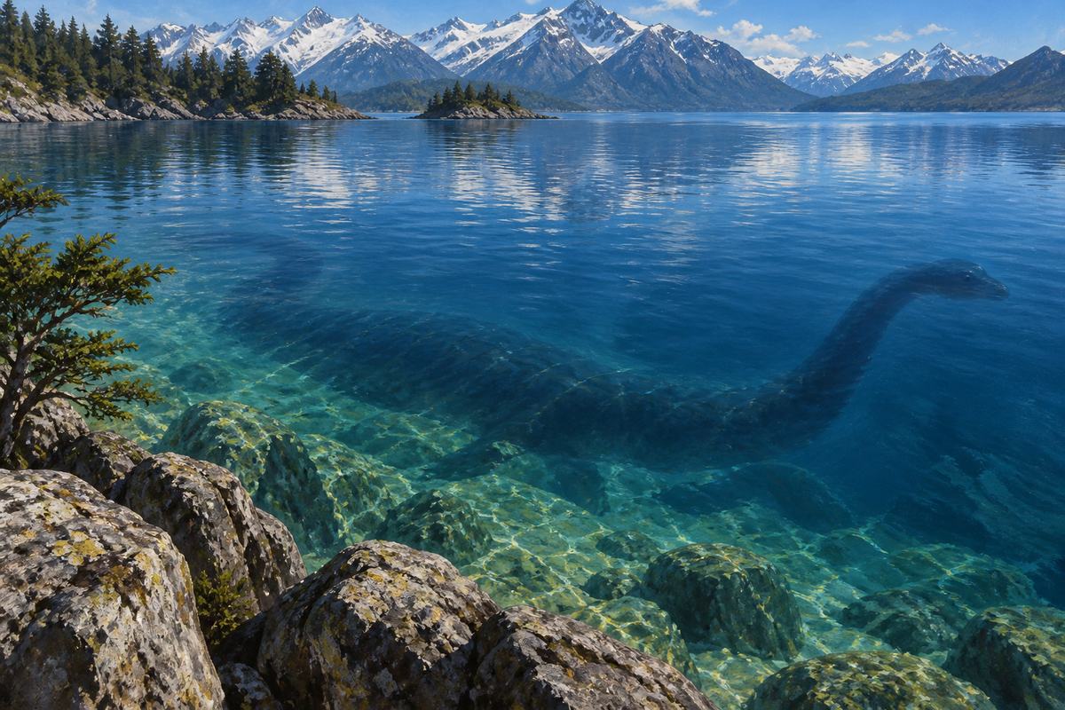 Nahuelito is imagined beneath the cold blue water of Nahuel Huapi, with the Andes beyond.